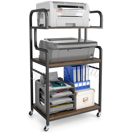 3-Tier Rolling Printer Stand Home Office Large Printer Cart with Storage Shelves-Rustic Brown