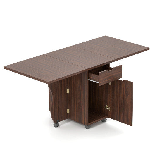 Folding Dining Table 3-in-1 Space-Saving Drop Leaf Kitchen Table with Lockable Wheels-Brown