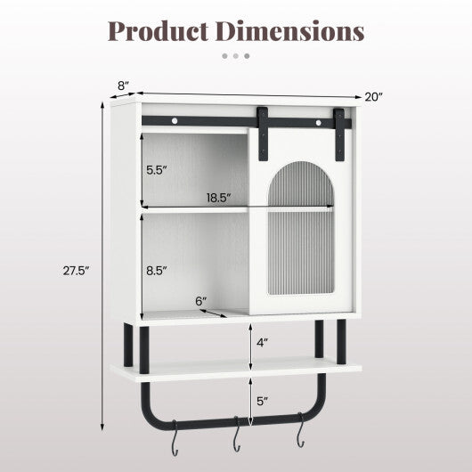 Bathroom Wall Cabinet with Sliding Barn Door and Metal Hanging Bar with 3 Hooks-Black