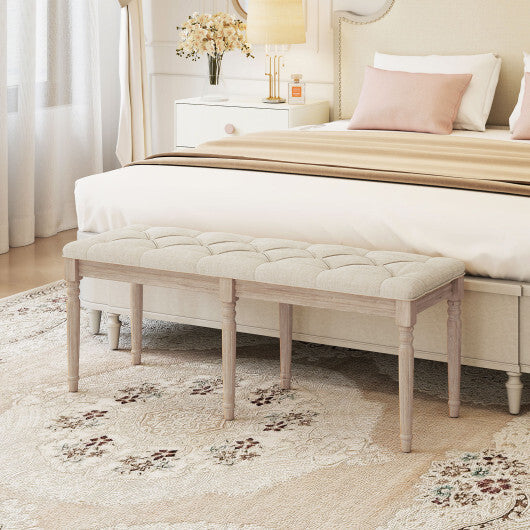 47.5 Inch Upholstered Bench with Carved Rubber Wood Legs and Padded Seat-Beige