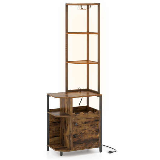 6-Tier Corner Bar Cabinet with LED Lights and Charging Station for Kitchen-Rustic Brown