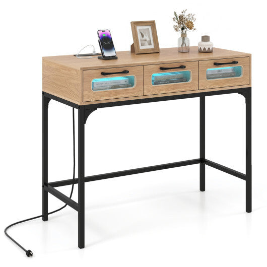 Console Table with LED Lighting and Charging Station for Living Room and Hallway-White