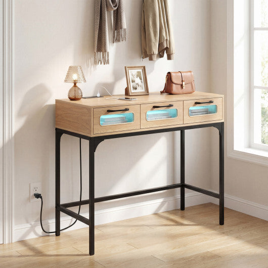 Console Table with LED Lighting and Charging Station for Living Room and Hallway-White