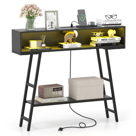 40" Console Table with Charging Station and LED Lights-Rustic Brown