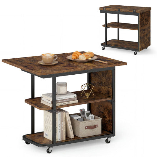 Mobile Night Stand with Foldable Swivel Top and 2-Tier Shelf for Small Spaces-Natural