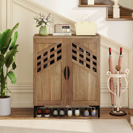 4 Tier Farmhouse Shoe Storage Cabinet with Removable Shelves and Metal Legs-Walnut