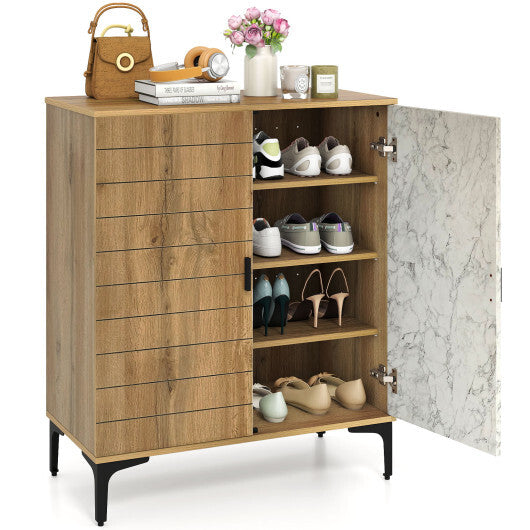 4 Tier Farmhouse Shoe Storage Cabinet with Removable Shelves and Metal Legs-Walnut