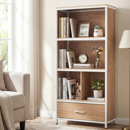56" Tall Freestanding Bookcase with Drawer 5 Tier-RusticBrown