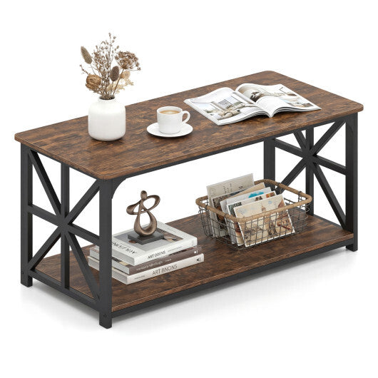Coffee Table 2-Tier Center Table with Storage Shelf-Oak