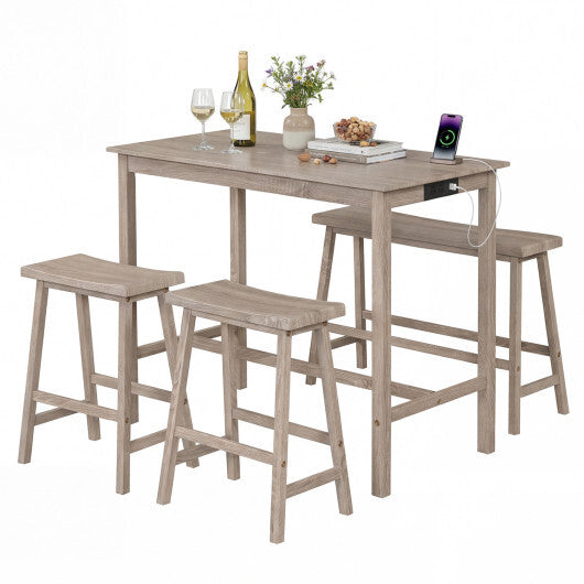 4-Piece Counter Height Dining Table Set with Power Outlet Solid Rubber Wood Kitchen Table-Gray
