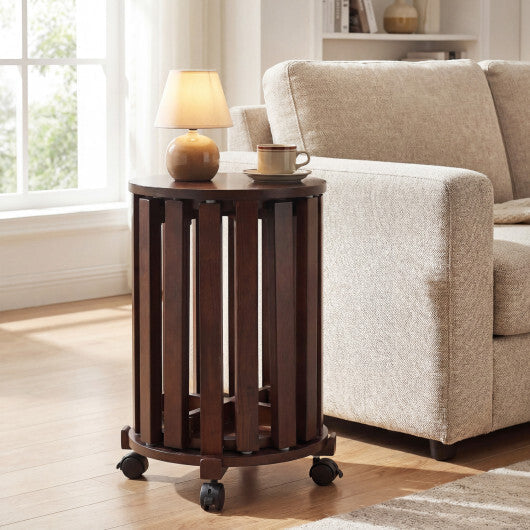 Round Portable Wood Nesting Stools with Locking Casters-Natural