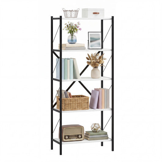 5-Tier Tall Bookshelf Industrial Bookcase with Heavy-Duty Metal Frame Modern Storage-White