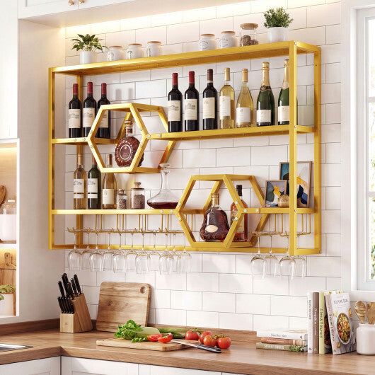 Wall Mounted Wine Rack 47" Large Floating Bar Shelves-Gold