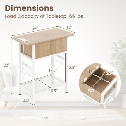 Set of 2 End Table with Charging Station and Hidden Compartment-Natural