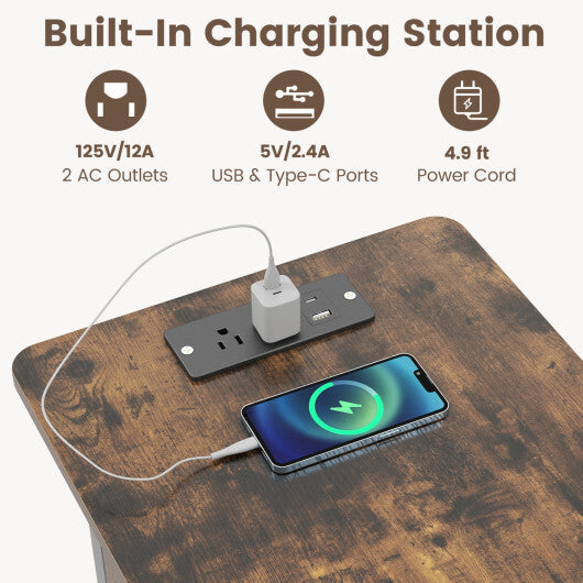 Set of 2 End Table with Charging Station and Hidden Compartment-Natural