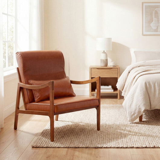 Modern Accent Chair with Solid Rubber Wood Faux Leather Upholstered Armchair-White
