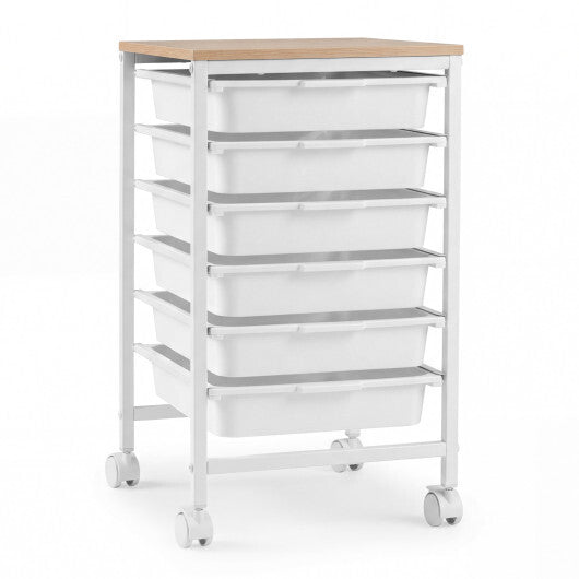 6-Drawer Rolling Storage Cart with Wooden Tabletop-White
