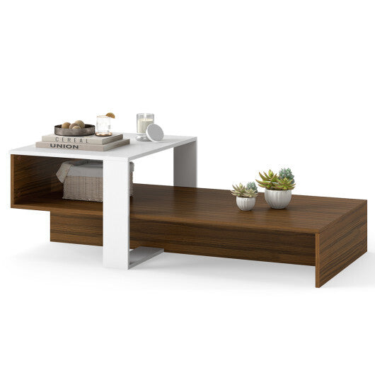 2-Tier Coffee Table Modern Irregular Center Table with Open Storage Shelf-Brown