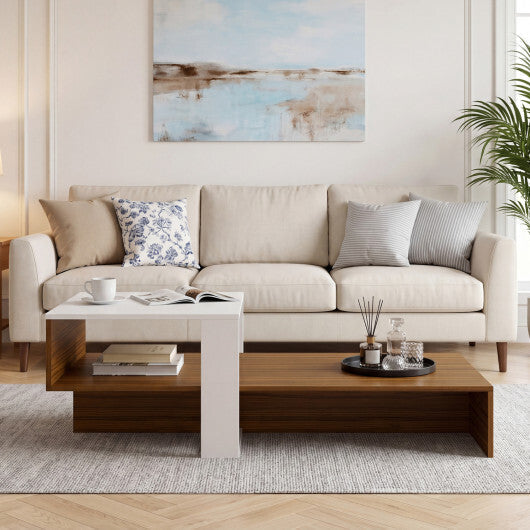 2-Tier Coffee Table Modern Irregular Center Table with Open Storage Shelf-Brown