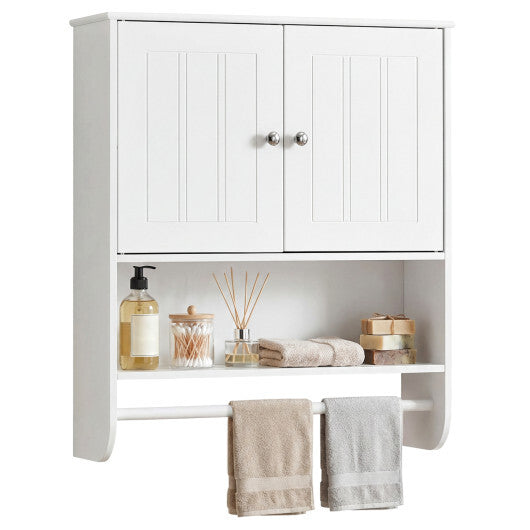 Bathroom Wall Cabinet with Towel Bar and Open Shelf and Adjustable Shelf-White