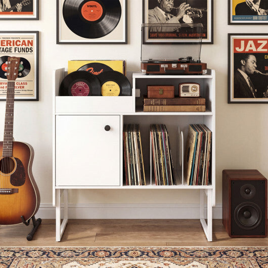 Record Player Stand with Power Outlets and Vinyl Storage Holder up to 250 Albums-Black