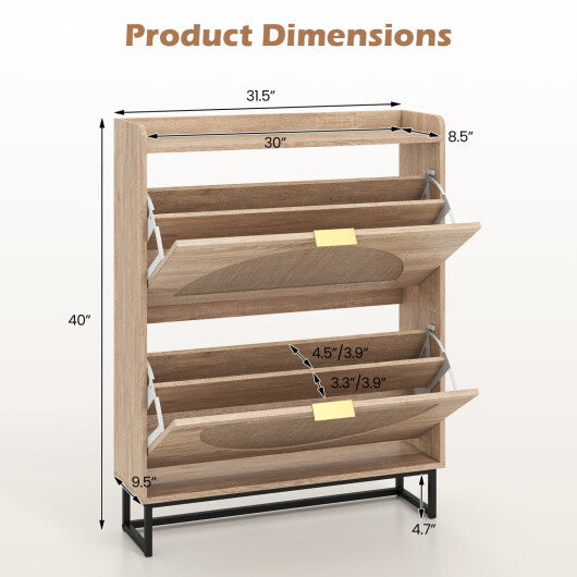 Narrow Shoe Storage Cabinet with 2 Flip Drawers and Adjustable Shelves-Natural
