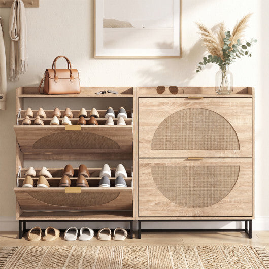Narrow Shoe Storage Cabinet with 2 Flip Drawers and Adjustable Shelves-Natural