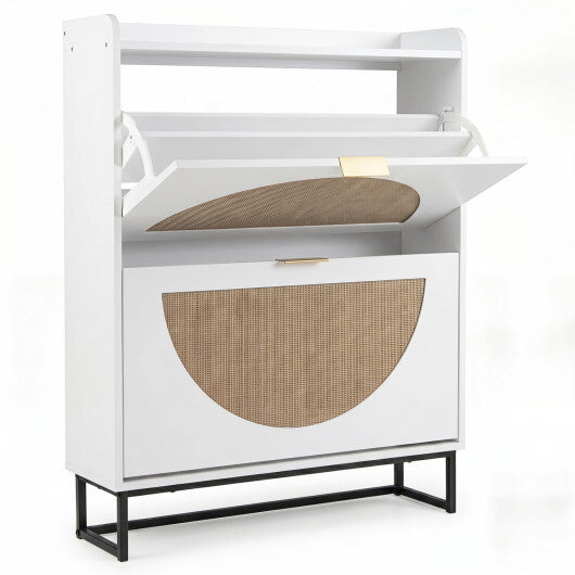 Narrow Shoe Storage Cabinet with 2 Flip Drawers and Adjustable Shelves-Natural