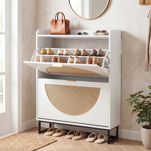 Narrow Shoe Storage Cabinet with 2 Flip Drawers and Adjustable Shelves-Natural