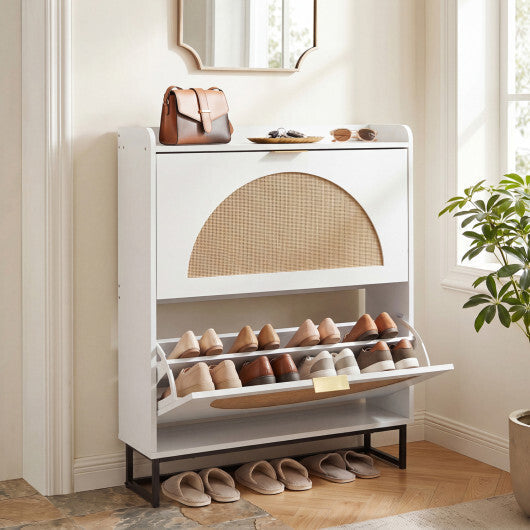 Narrow Shoe Storage Cabinet with 2 Flip Drawers and Adjustable Shelves-Natural
