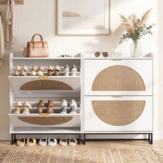 Narrow Shoe Storage Cabinet with 2 Flip Drawers and Adjustable Shelves-Natural