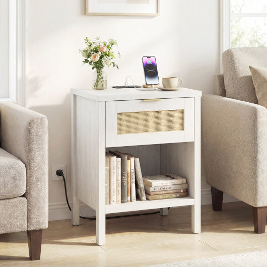 Rattan Nightstand with Charging Station and Storage Shelf for Bedroom-Oak