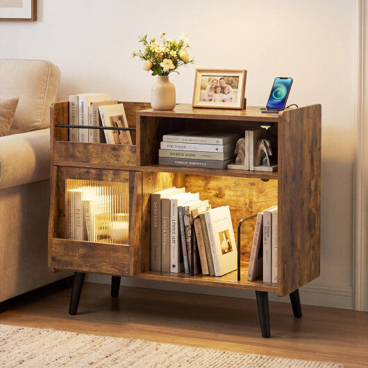 Record Player Stand with LED Light and Power Outlets-Black