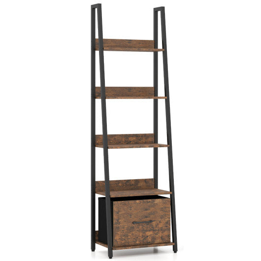 5-Tier Ladder Bookshelf with Fabric Drawer for Living Room and Home Office-Black
