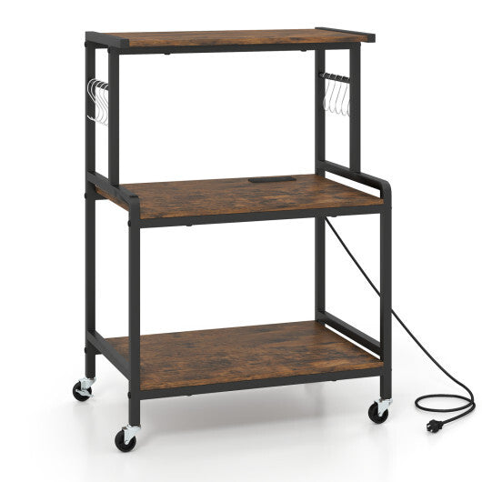 3-Tier Rolling Microwave Cart with Power Outlet and Lockable Wheels and 10 Hooks-Rustic Brown