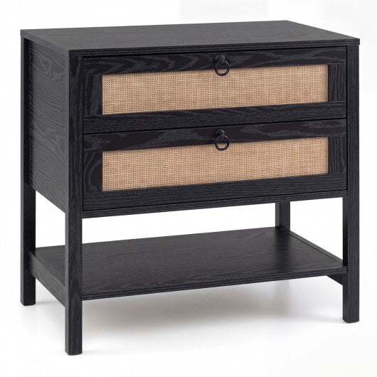 Boho Rattan Nightstand with 2 Drawers and Bottom Open Shelf-Black