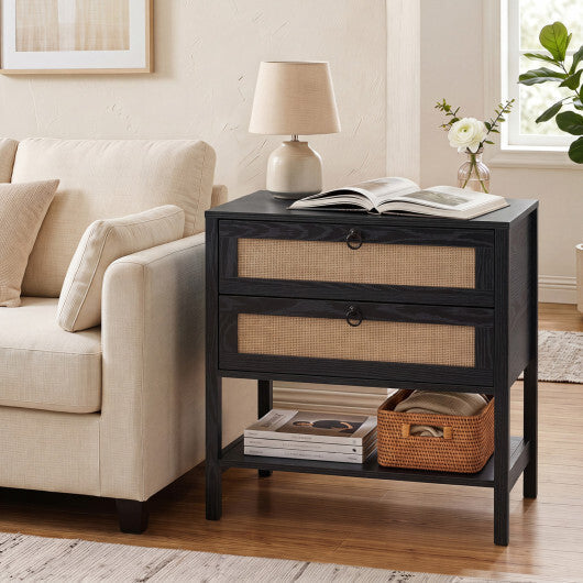 Boho Rattan Nightstand with 2 Drawers and Bottom Open Shelf-Black