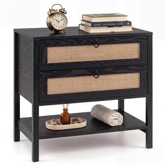 Boho Rattan Nightstand with 2 Drawers and Bottom Open Shelf-Black
