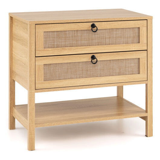 Boho Rattan Nightstand with 2 Drawers and Bottom Open Shelf-Black