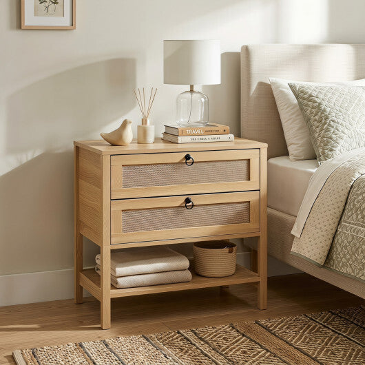 Boho Rattan Nightstand with 2 Drawers and Bottom Open Shelf-Black