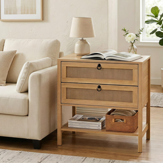 Boho Rattan Nightstand with 2 Drawers and Bottom Open Shelf-Black