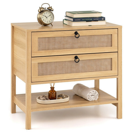 Boho Rattan Nightstand with 2 Drawers and Bottom Open Shelf-Black