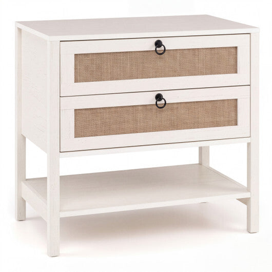 Boho Rattan Nightstand with 2 Drawers and Bottom Open Shelf-Black