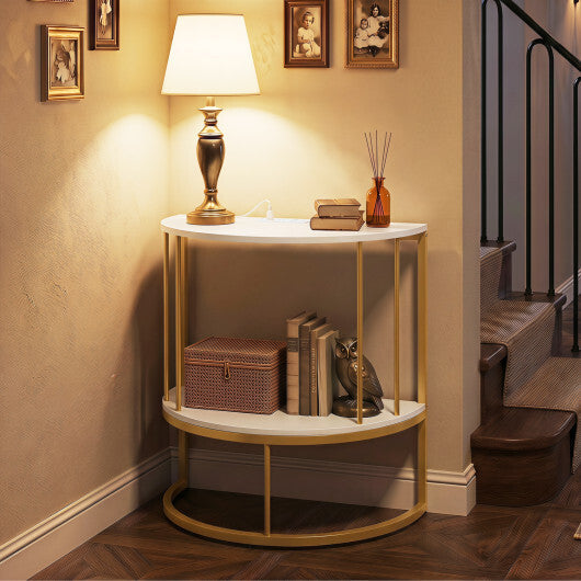 2-Tier Half Moon Console Table with Power Outlets and Storage Shel for Hallway-White