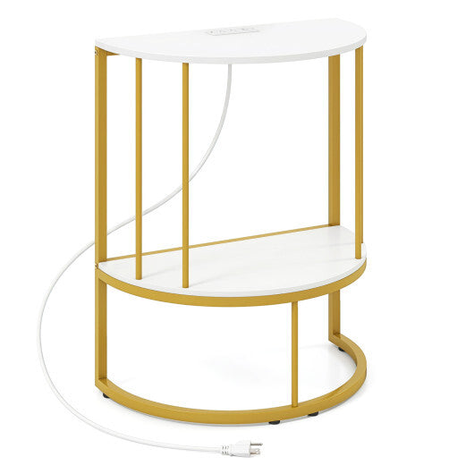 2-Tier Half Moon Console Table with Power Outlets and Storage Shel for Hallway-White