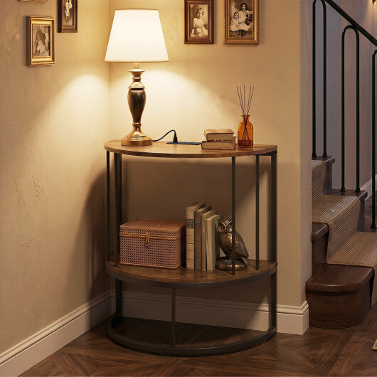 2-Tier Half Moon Console Table with Power Outlets and Storage Shel for Hallway-White