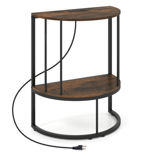 2-Tier Half Moon Console Table with Power Outlets and Storage Shel for Hallway-White