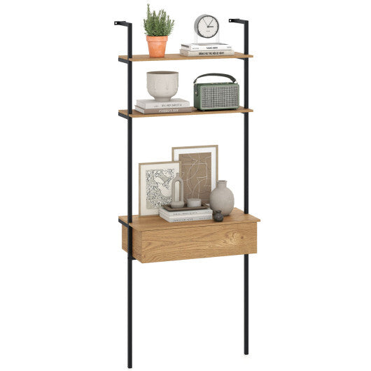 4-Tier Ladder Bookshelf with Drawer and Metal Frame for Living Room-Rustic Brown