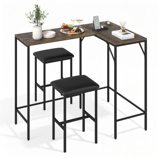 3-Piece Convertible L-Shaped Kitchen Table Chair Set with 2 AC Outlets  USB Port and Type-C Port-Black