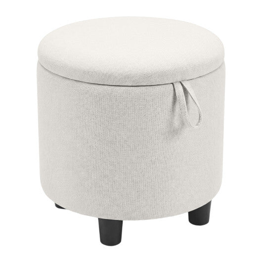 Round Storage Ottoman Linen Fabric Upholstered Footrest Stool-Gray